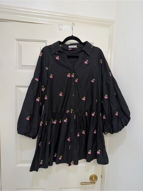Avec Les Filles Black Mini Dress with Pink Cherry Print